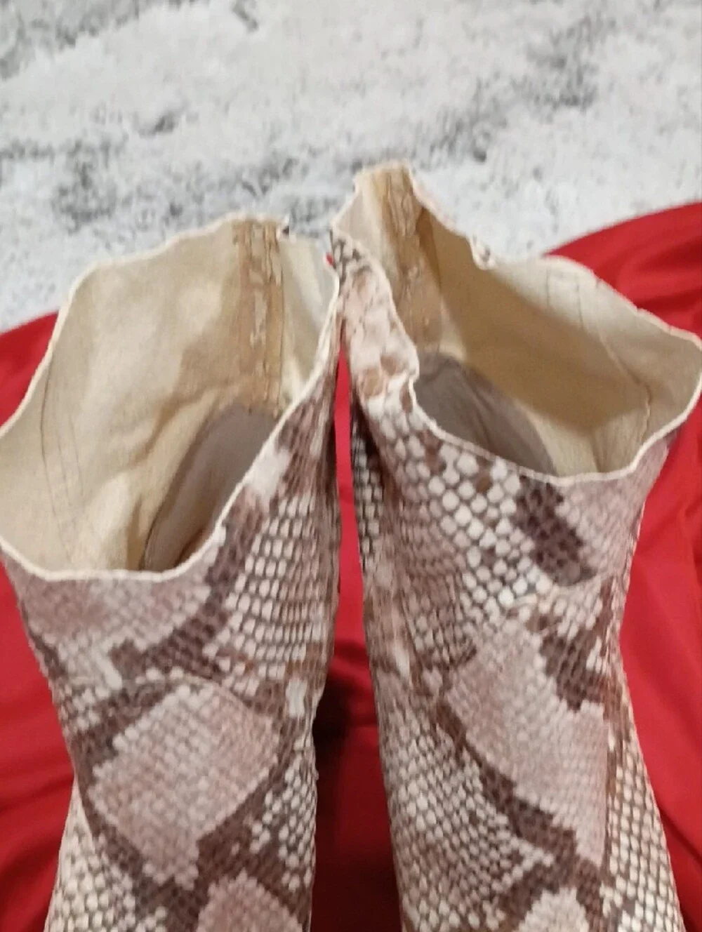 Vince Camuto Cream and Brown Snake-Print Pointed Ankle Booties